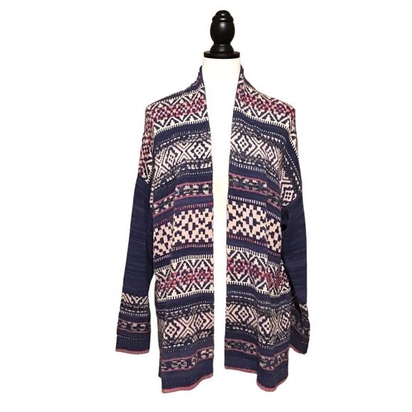 Chaps Open Long Blue Cardigan Southwest Print Sz L - Picture 1 of 6